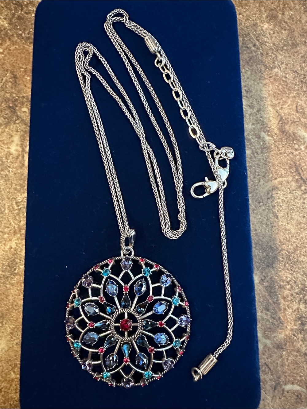 Brighton One Love Silver-Tone Multicolor Gemstone Pendant with long chain.